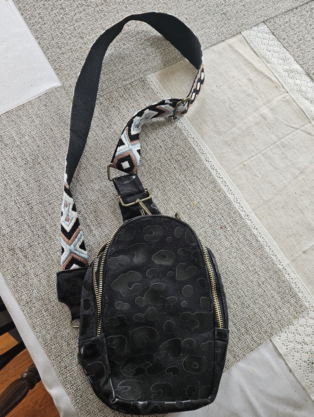 Black Patterned Crossbody Sling Bag with Geometric Strap